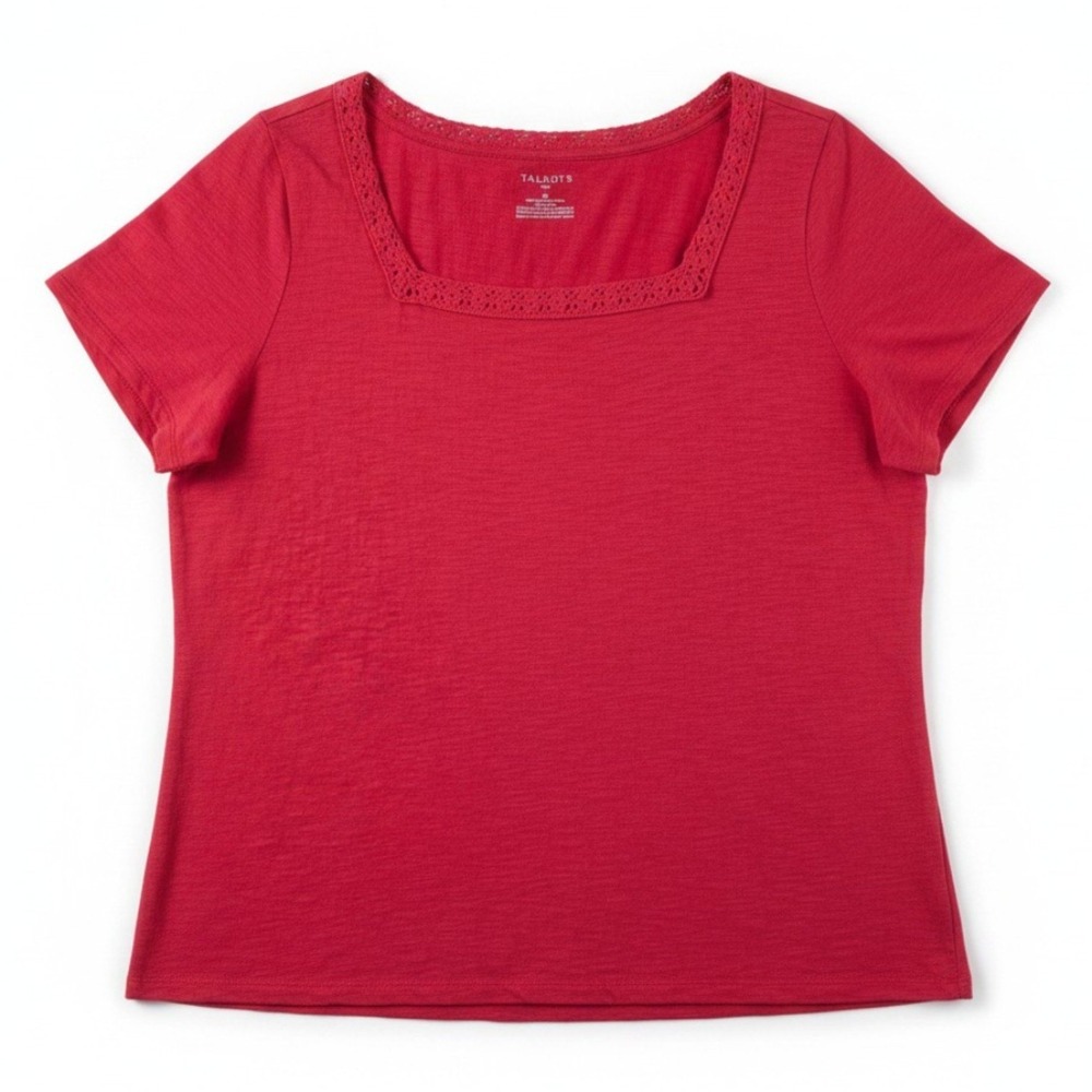 Talbots Shirt Womens 2X Plus Coral Pink Crochet Square Neck Slub Cotton Tee Top